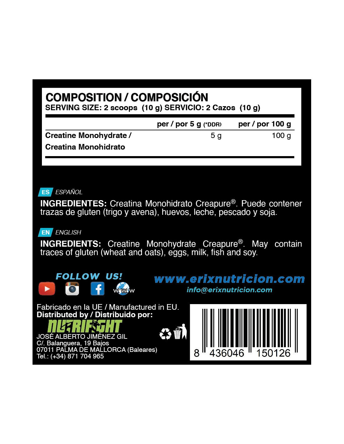 Erix Nutrition CREATINA Creapure® 500 GR NEUTRA